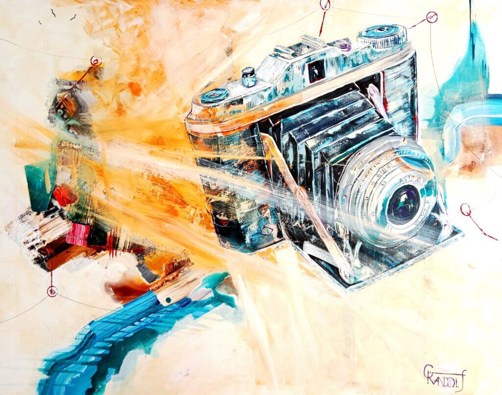Künstlerische Darstellung einer Kamera, umgeben von lebendigen Farben und modernen Elementen.
