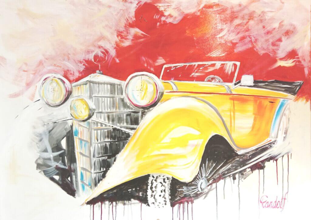 Buntes Gemälde eines klassischen gelben Autos mit nostalgischem Charme auf rotem Hintergrund.