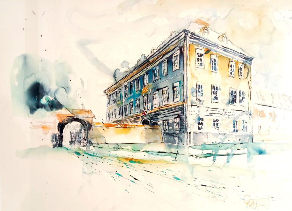 Wasserturm in Bruck an der Glocknerstraße, umgeben von sanfter Aquarellmalerei.