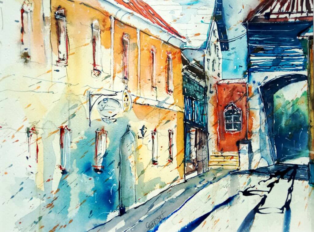 Farbige Aquarellansicht einer malerischen Gasse mit historischen Gebäuden und Schatten.