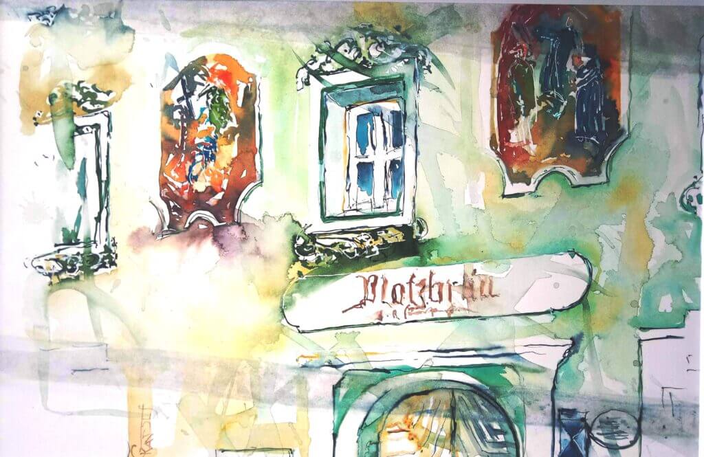 Kreative Wasserfarbenillustration eines Hauses mit Fenster und Schildern in lebendigen Farben.