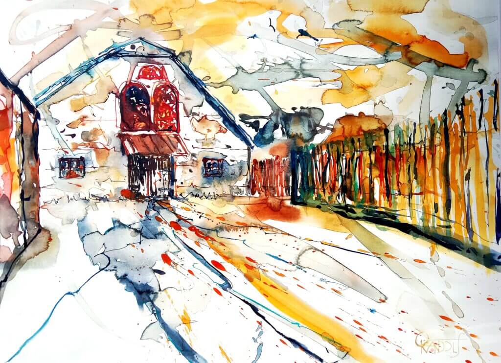 Wasserfarben-Illustration eines Hauses mit roten Fenstern und umgebendem Garten.