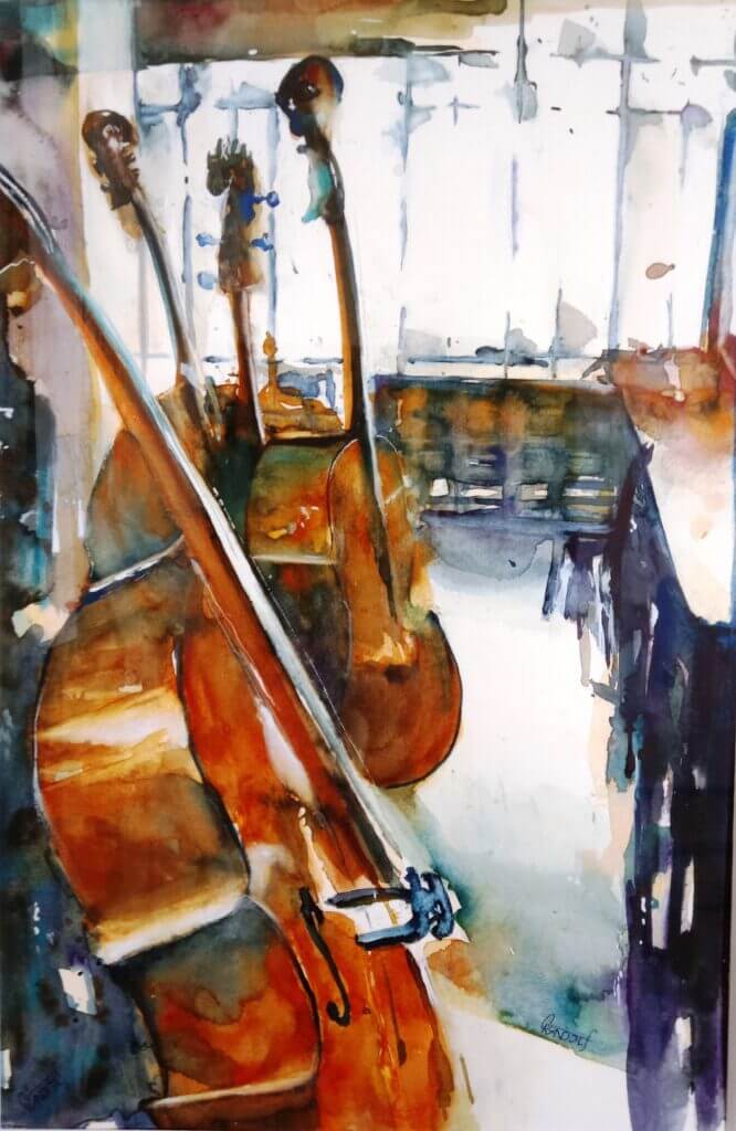 Aquarell mit Geigen in warmen Farben, im Hintergrund helle Fenster und ein gemütlicher Raum.