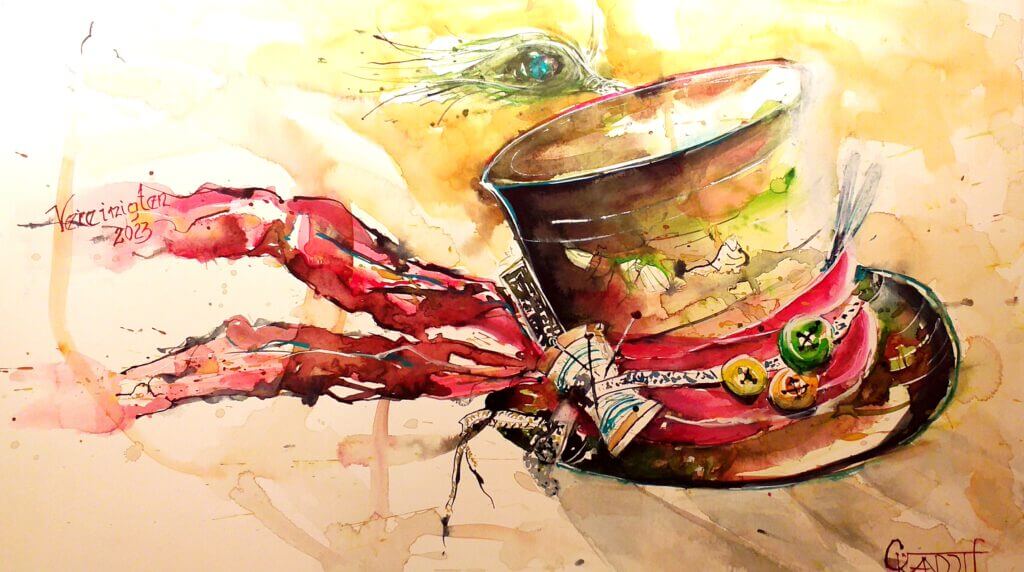 Kreative Aquarellzeichnung eines schicken Zylinders mit bunten Knöpfen und Ranken.