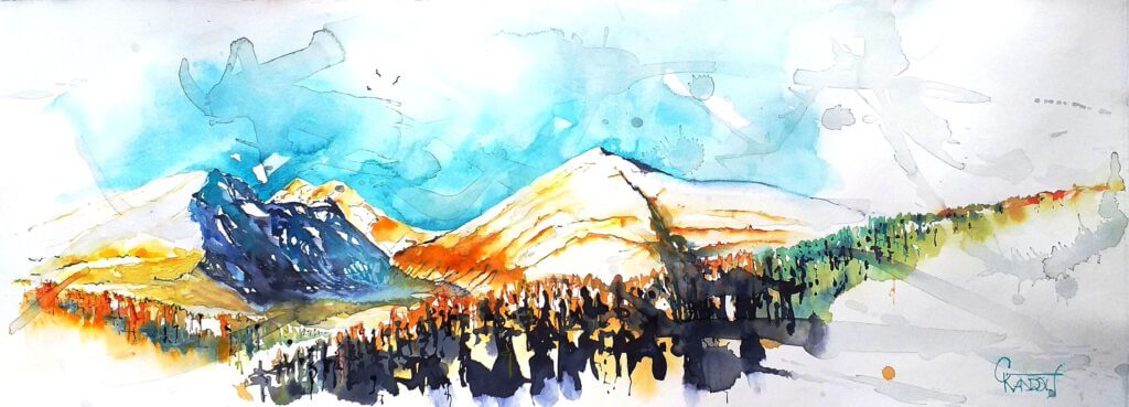 Aquarellfarbige Landschaft mit Bergen und Bäumen, ideal für entspannte Ferien im Chalet Riki.